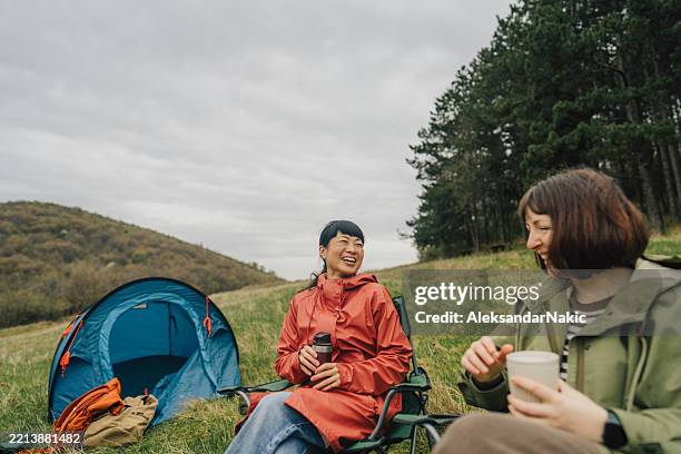 female friends camping in the nature - camping chair stock pictures, royalty-free photos & images