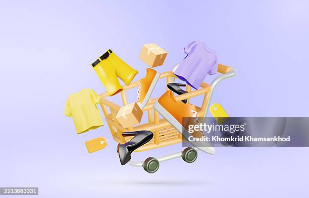 3d vector illustration render shopping cart with clothes, shoes, floating up with parcel box and product tags concept of online shopping, fashion shopping and digital parcel delivery. - clothing shop stock illustrations