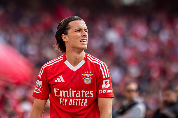 Alvaro Fernandez Carreras of SL Benfica seen in action during the Liga Portugal Betclic match between Sport Lisboa Benfica and Sporting Clube de...