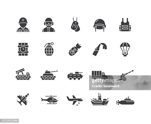 ilustrações, clipart, desenhos animados e ícones de ícones pretos lisos da indústria de defesa. vetor - soldado exército