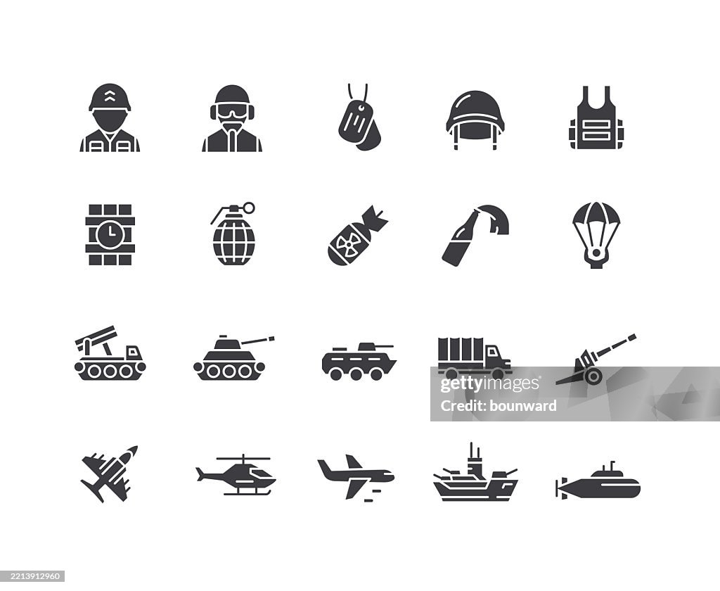 Defense Industry Flat Black Icons. Vector