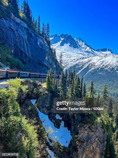 scenic train ride through snow- capped mountains and alpine forest,skagway,alaska,united states,usa - skagway alaska stock pictures, royalty-free photos & images
