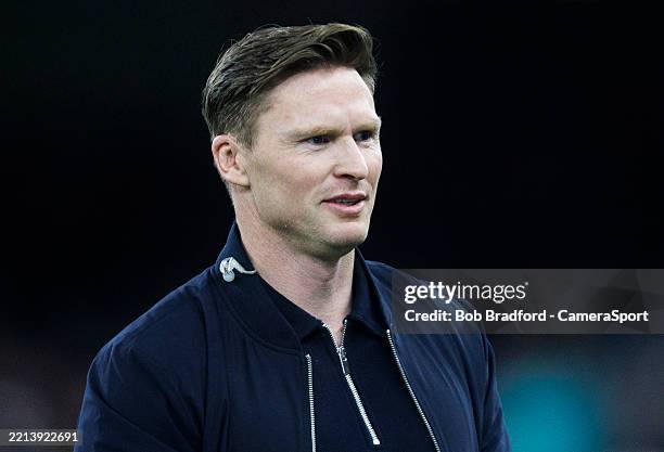 Television pundit Chris Ashton during the Gallagher Premiership Rugby match between Bristol Bears and Bath Rugby at Principality Stadium on May 10,...