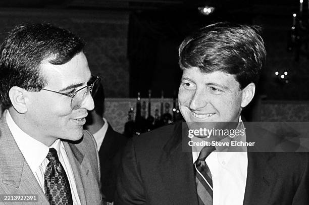 View of publicist Pat Austin and American politician Patrick J. Kennedy talk during an unspecified fundraiser, New Brunswick, New Jersey, September...