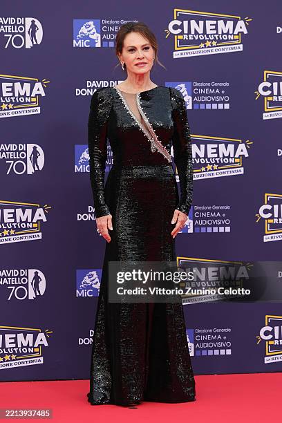 Elena Sofia Ricci attends the red carpet during the 70th David Di Donatello at Cinecitta Studios on May 07, 2025 in Rome, Italy.
