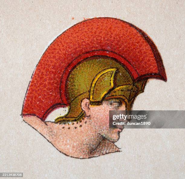ancient greece, history greek warrior wearing helmet with red crest, vintage illustration - gladiator stock illustrations