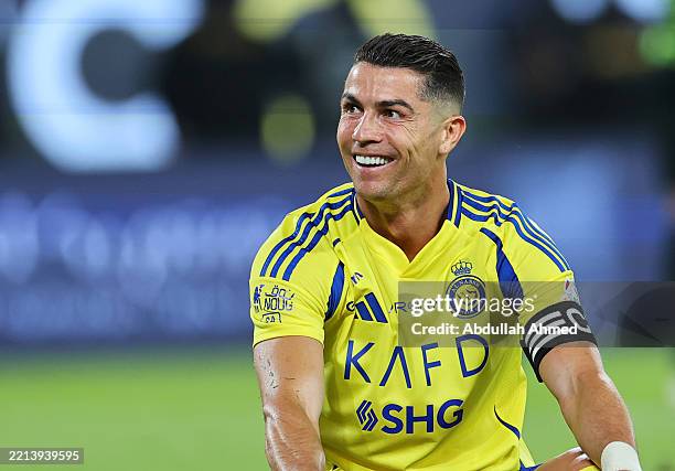 Cristiano Ronaldo of Al Nassr reacts during the Saudi Pro League match between Al Nassr and Al Ittihad at Al-Awwal Park on May 07, 2025 in Riyadh,...