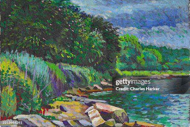 impressionist painting of hudson river scene in summer - oil painting stock pictures, royalty-free photos & images