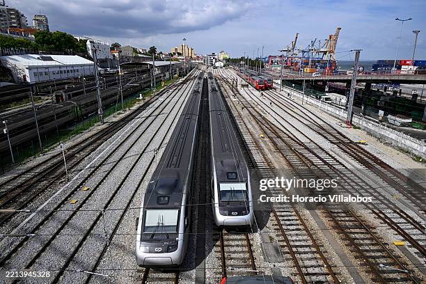 Alfa Pendular high speed train formations are parked at the railway yard off Santa Apolonia train station on a first of a seven days national strike...