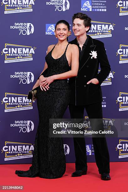 Timothee Chalamet and Kylie Jenner attend the red carpet during the 70th David Di Donatello at Cinecitta Studios on May 07, 2025 in Rome, Italy.