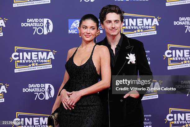 Timothee Chalamet and Kylie Jenner attend the red carpet during the 70th David Di Donatello at Cinecitta Studios on May 07, 2025 in Rome, Italy.