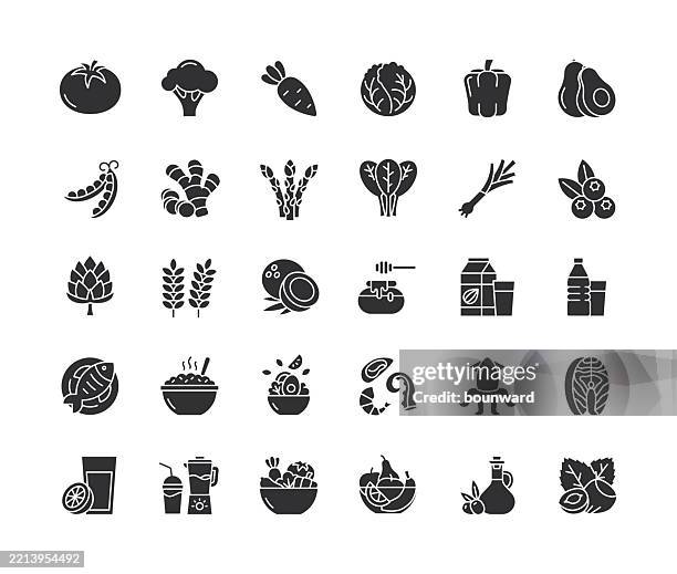 gesundes essen flache schwarze symbole. vektor - salatschüssel stock-grafiken, -clipart, -cartoons und -symbole