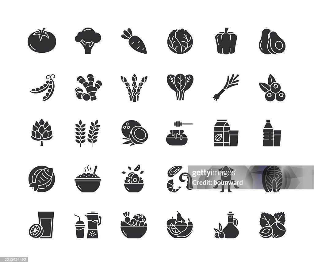 Healthy Food Flat Black Icons. Vector