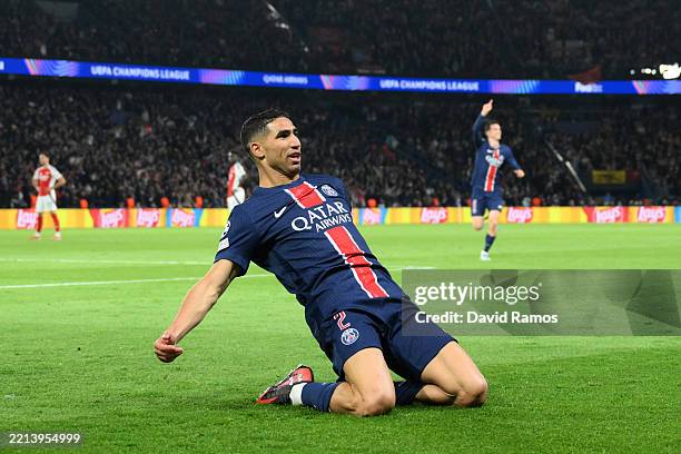 Achraf Hakimi of Paris Saint-Germain celebrates scoring his team's second goal during the UEFA Champions League 2024/25 Semi Final Second Leg match...