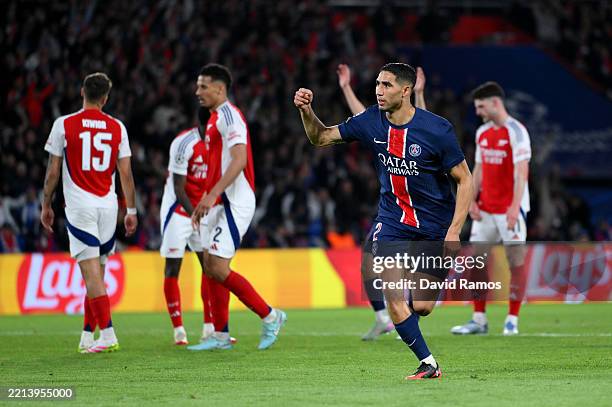 Achraf Hakimi of Paris Saint-Germain celebrates scoring his team's second goal during the UEFA Champions League 2024/25 Semi Final Second Leg match...