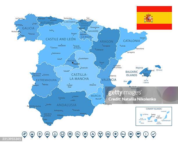 illustrations, cliparts, dessins animés et icônes de espagne - carte détaillée avec les régions, les villes, le drapeau du pays et des icônes infographiques. - aragon
