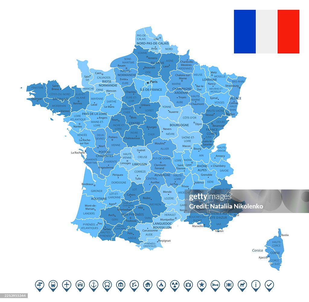 France - Carte détaillée avec les régions, les villes, le drapeau du pays et des icônes infographiques.