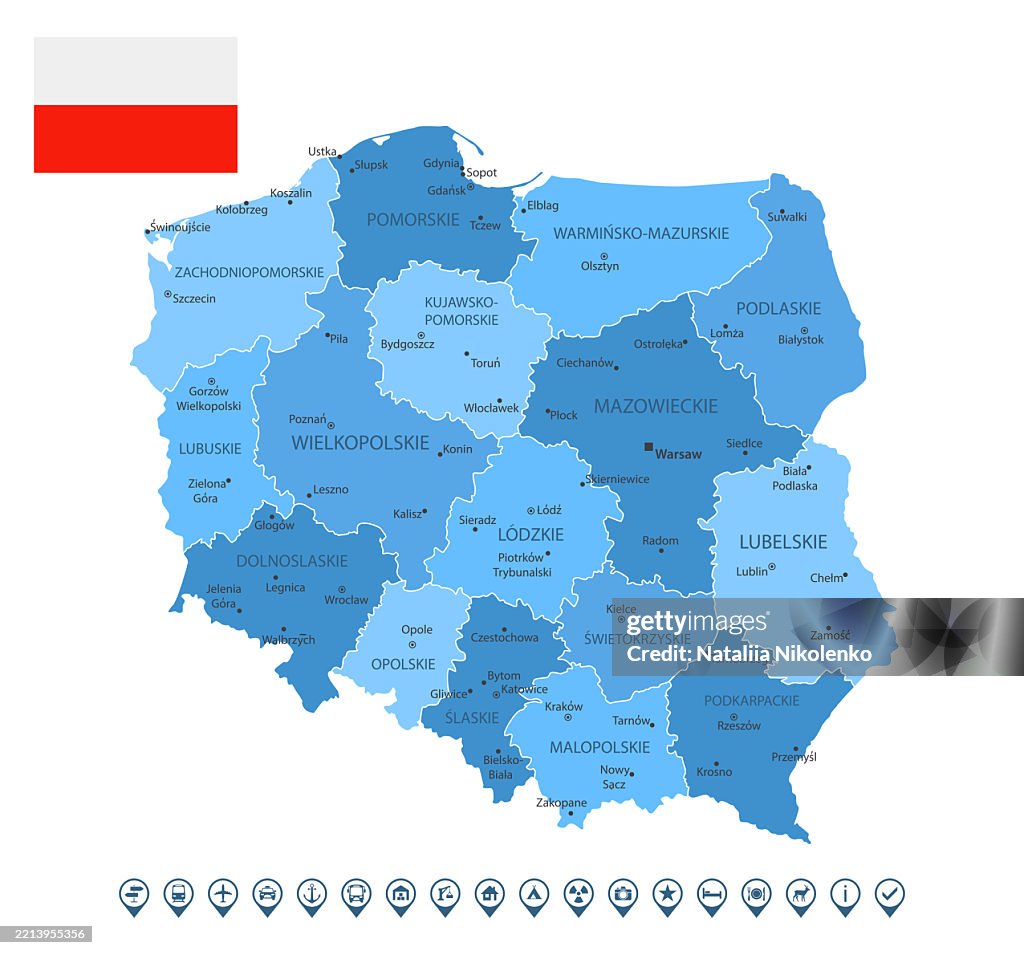 Pologne - Carte détaillée avec les régions, les villes, le drapeau du pays et les icônes infographiques.