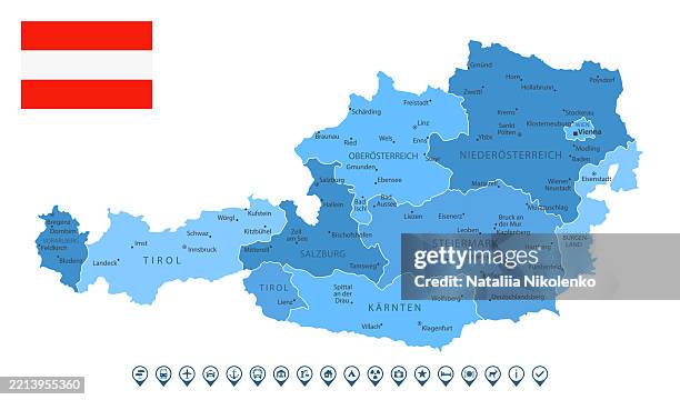 austria - detailed map with regions, cities, country flag and infographic icons. - austria stock illustrations