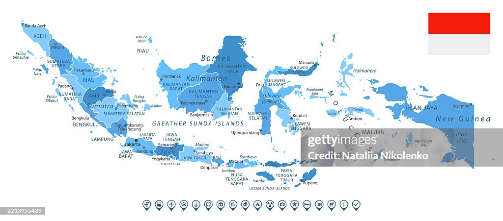 Indonesia - Detailed map with regions, cities, country flag and infographic icons.