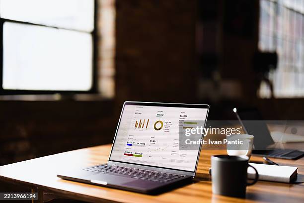 laptop mit geschäftsdiagrammen und grafiken auf einem holztisch in einem modernen büro - digitales marketing stock-fotos und bilder