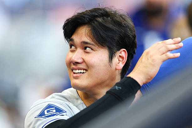 Shohei Ohtani of the Los Angeles Dodgers reacts in the sixth inning of the game against the Miami Marlins at loanDepot park on May 07, 2025 in Miami,...