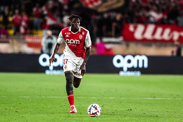 Wilfried SINGO of Monaco during the Ligue 1 MCDonald's match between Monaco and Lyon on May 10, 2025 at Stade Louis II in Monaco, Monaco.