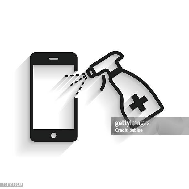 smartphone handle disinfection. icon with long shadow on white background - spray bottle on white stock illustrations