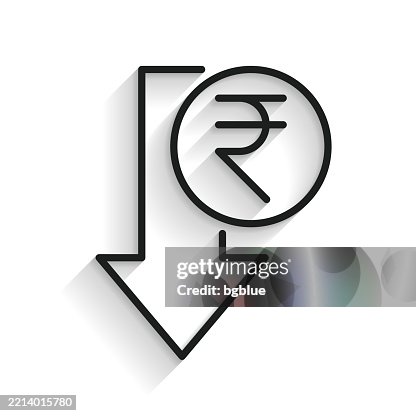 Indian rupee decrease. Line icon with long shadow on white background Indian rupee decrease. Line icon with long shadow on white background