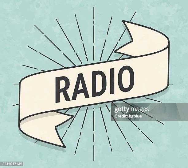 radio - banner in retro vintage style - old textured paper - green plain studio background stock illustrations