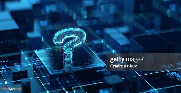 digital question mark in futuristic cyberspace. q & a blue modern background. - questionmark bildbanksfoton och bilder
