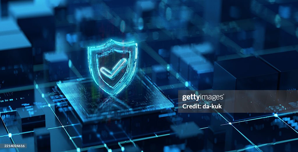 Digital shield icon on dark futuristic background. Cybersecurity & network security Concept. AI based technologies of digital safety