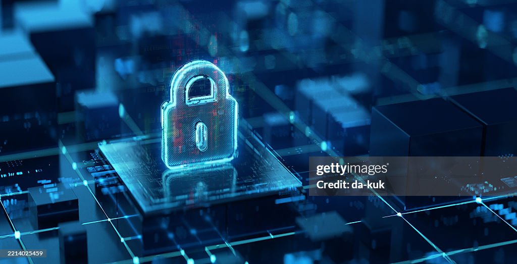 Digital Lock Icon - symbol of cybersecurity, encryption and internet safety. Data protection and digital safety background featuring futuristic padlock icon