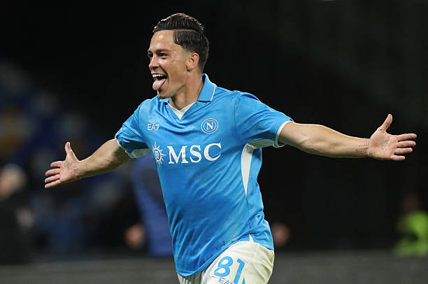 Napoli's Italian forward Giacomo Raspadori celebrates after scoring a goal during the Italian Serie A football match between SSC Napoli and Genoa CFC...