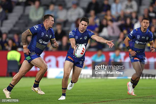 Mitchell Moses of the Eels kicks the ball during the round 10 NRL match between the Parramatta Eels and Dolphins at CommBank Stadium on May 08 in...