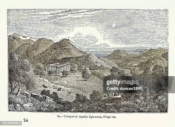 illustrations, cliparts, dessins animés et icônes de temple d’apollon épicure à bassae de phigalée, victorien 19ème siècle, illustration vintage des années 1850 - side by side