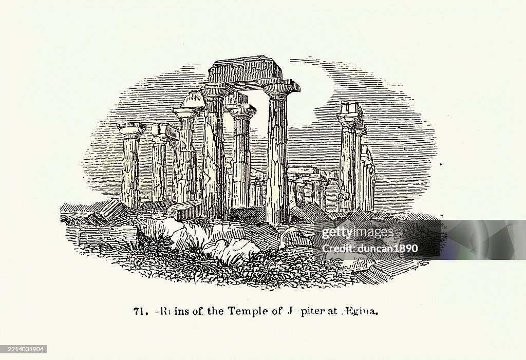 Altgriechisch, Ruinen des Jupitertempels in Ägina, Griechenland, Viktorianisch 19. Jahrhundert, Vintage-Illustration 1850er Jahre
