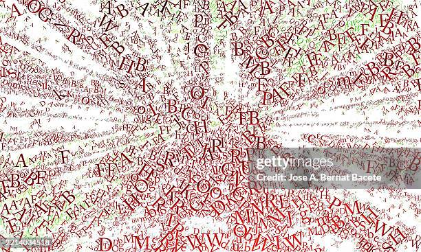 abstract background, jumbled metallic textured alphabet letters with vanishing point effect on a white background. - pâtes alphabet photos et images de collection