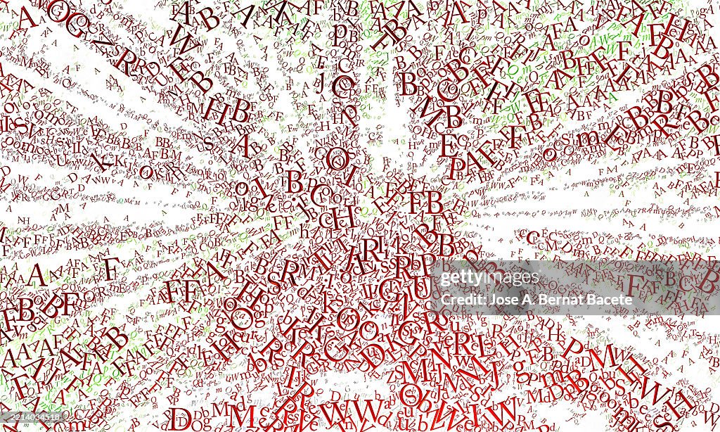 Abstract background, jumbled metallic textured alphabet letters with vanishing point effect on a white background.