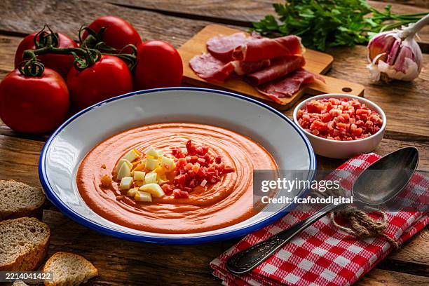 spanish food: salmorejo cordobés. tomato and vegetables cold soup - andalucia stock pictures, royalty-free photos & images