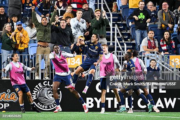 Maximiliano Rodríguez of Rhode Island FC celebrates his goal against New England Revolution during a 2025 U.S. Open Cup round of 32 game at...
