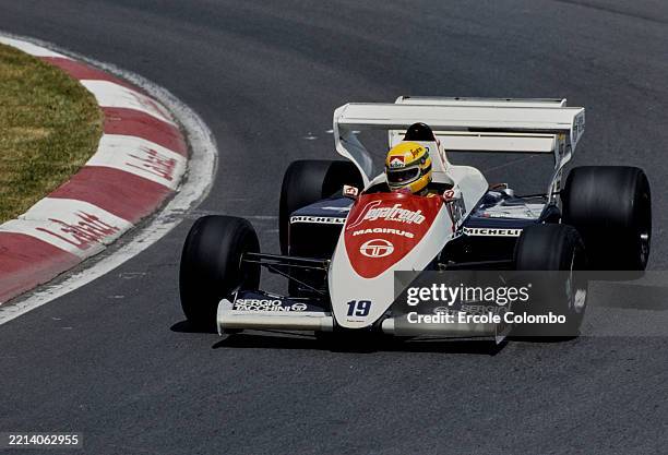 Ayrton Senna from Brazil driving the Toleman Group Motorsport Toleman Toleman TG184 Hart L4t during practice for the Formula One Canadian Grand Prix...
