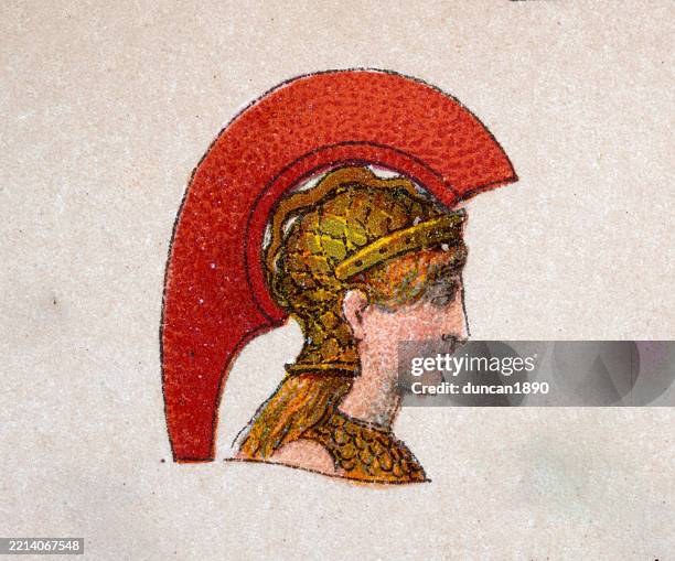 ancient greece, history greek warrior goddess athena, gold helmet with red crest, vintage illustration - greek ethnicity stock illustrations