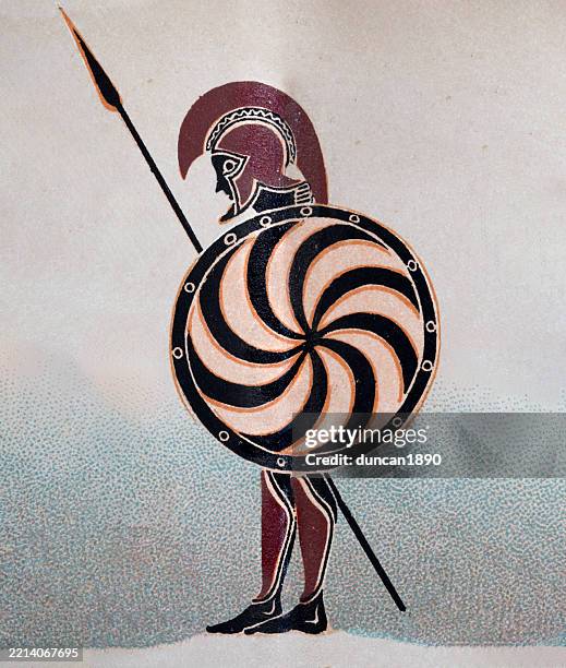 ancient greece, history greek warrior armed with spear and large shield with swirl pattern, vintage illustration - greek ethnicity stock illustrations
