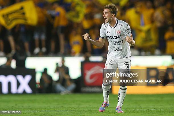 Necaxa's midfielder Agustin Palavecino celebrates after scoring his team's first goal during the Liga MX Clausura tournament quarter-final second leg...