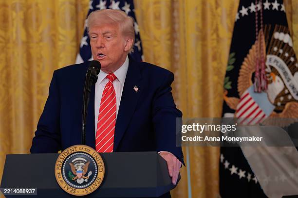 President Donald Trump speaks during an event to celebrate Military Mothers in the East Room of the White House on May 08, 2025 in Washington, DC....