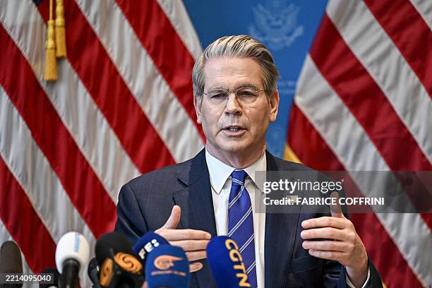 Treasury Secretary Scott Bessent speaks during a news conference in Geneva on May 12 to give details of "substantial progress" following a two-day...