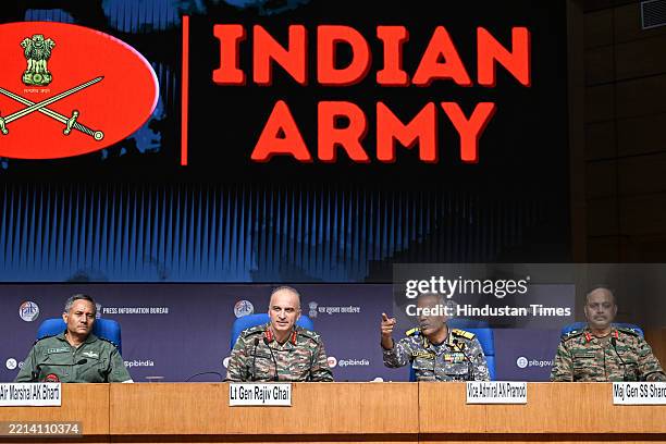 Director General of Military Operations Lt General Rajiv Ghai with Air Marshal AK Bharti, Vice Admiral AN Pramod and Major General SS Sharda during a...