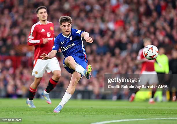 Mikel Jauregizar of Athletic Club scores a goal to make it 0-1 during the UEFA Europa League 2024/25 Semi Final Second Leg match between Manchester...