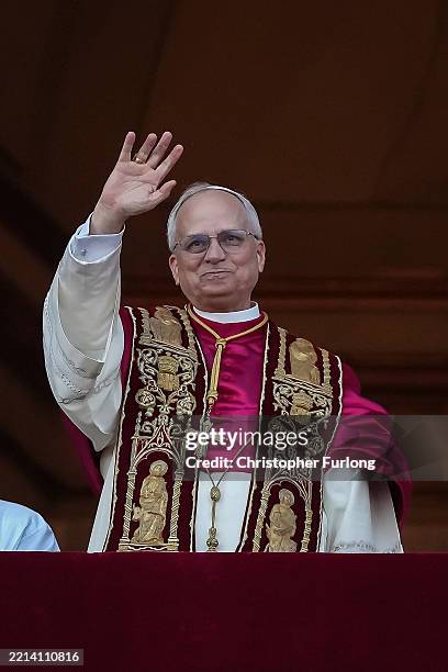 The newly elected Pontiff, Pope Leo XIV is seen for the first time from the Vatican balcony on May 8, 2025 in Vatican City, Vatican. White smoke was...
